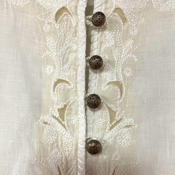 Elie Tahari White Linen Embroidered Overlay Button Blouse Fitted Sz M - Picture 7 of 7